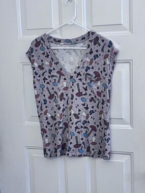 No Boundaries Tan V-Neck Tee with Mushroom & Butterfly Print